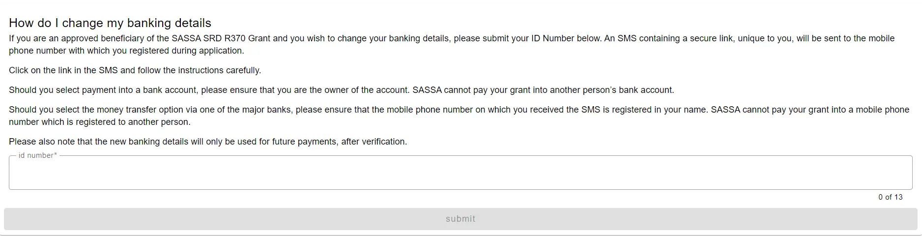 Steps to change SASSA SRD banking details online